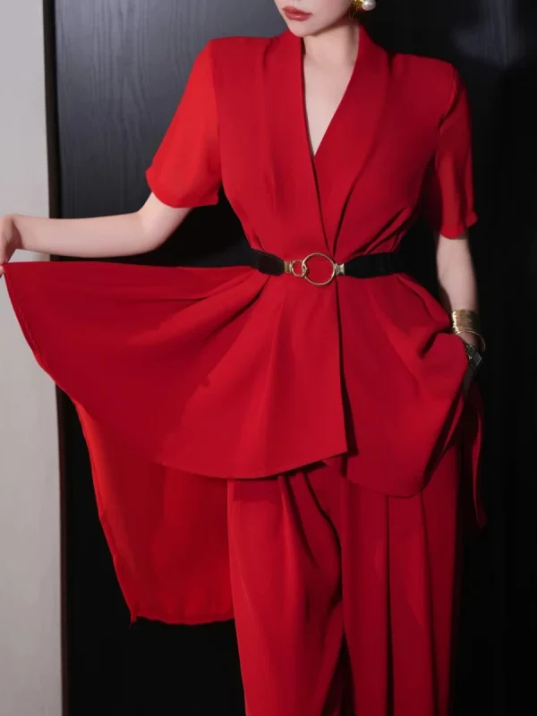 V Neck Short Sleeve Spliced Belt Coat High Waist Pant Sets - Image 3