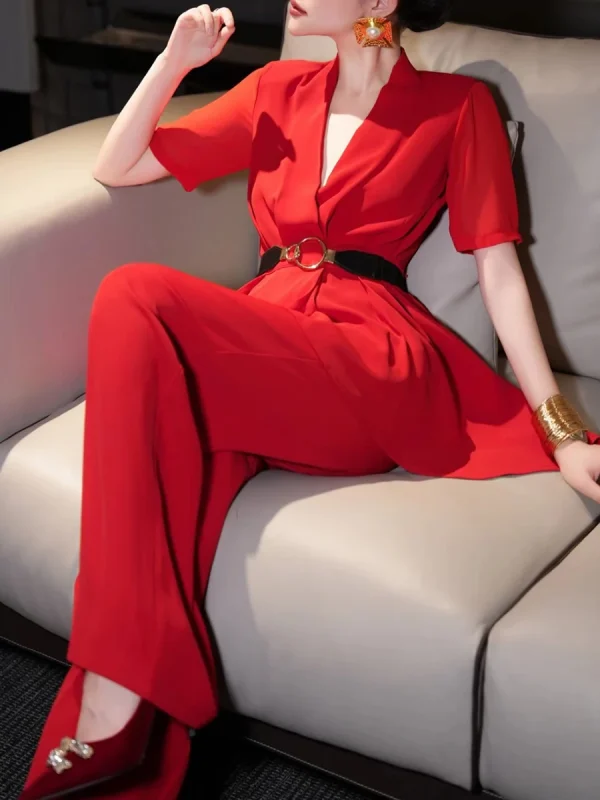 V Neck Short Sleeve Spliced Belt Coat High Waist Pant Sets - Image 4