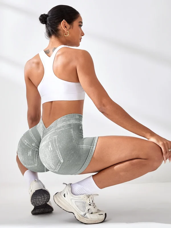 V Back Faux Jeans Elastic Workout Sports Yoga Butt Lifting Fitness Athletic Short - Image 10