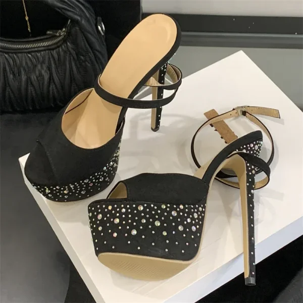 Elegant Rhinestone Glitter Buckle Strap Chunky Platform Ultra High Heels Sandals - Image 4