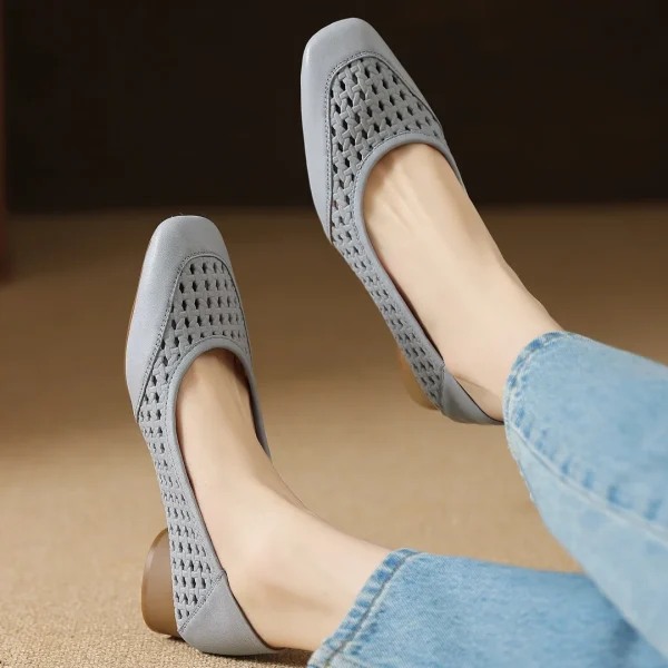 Elegant Hollow-out Sheepskin Patchwork Slip-on Breathable Thick Low Heel Pumps - Image 2