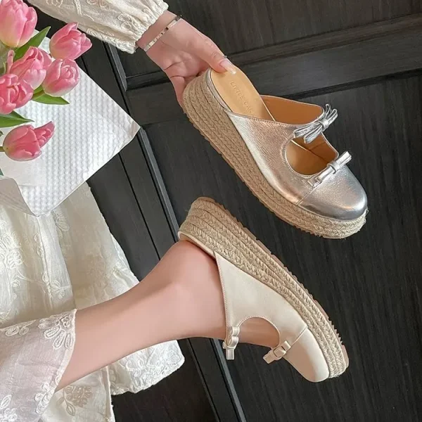 Versatile Decorative Straw Thick-Soled Mules Wedge Heels Sandals - Image 12