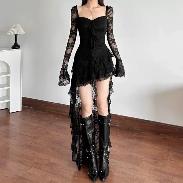 Vintage Aesthetic Goth Fairy-core Through Irregular Hem High Waist Mini Dress - Image 9