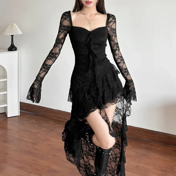 Vintage Aesthetic Goth Fairy-core Through Irregular Hem High Waist Mini Dress - Image 8