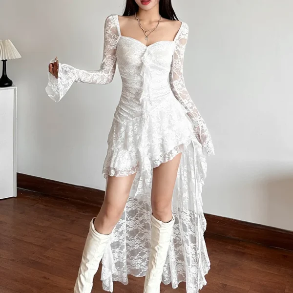 Vintage Aesthetic Goth Fairy-core Through Irregular Hem High Waist Mini Dress