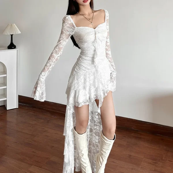 Vintage Aesthetic Goth Fairy-core Through Irregular Hem High Waist Mini Dress - Image 3