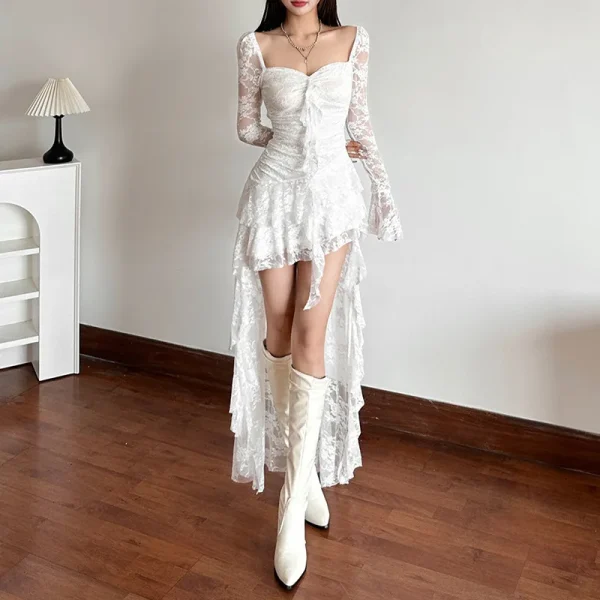 Vintage Aesthetic Goth Fairy-core Through Irregular Hem High Waist Mini Dress - Image 4