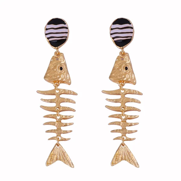 Vintage Animal Shape Metal Fishbone Shaped Beach Party Drop Earrings - Image 2