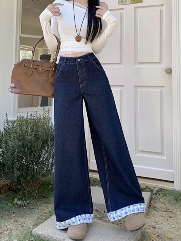 Vintage Casual Plaid Patchwork Denim Street Retro High Waist Sweet Bow Print Pants - Image 3