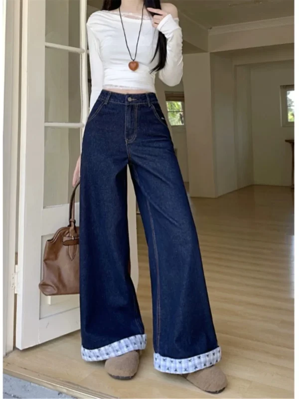 Vintage Casual Plaid Patchwork Denim Street Retro High Waist Sweet Bow Print Pants