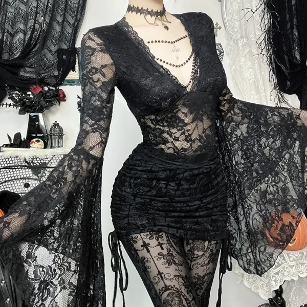 Vintage Dark Goth Lace Coquette See Through Beaded V-neck Flare Sleeve Crop Top - Image 7