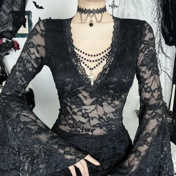 Vintage Dark Goth Lace Coquette See Through Beaded V-neck Flare Sleeve Crop Top - Image 5