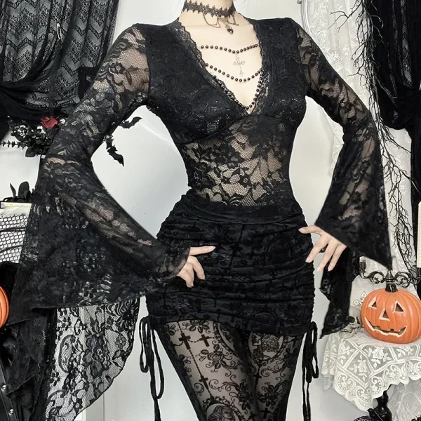 Vintage Dark Goth Lace Coquette See Through Beaded V-neck Flare Sleeve Crop Top - Image 4