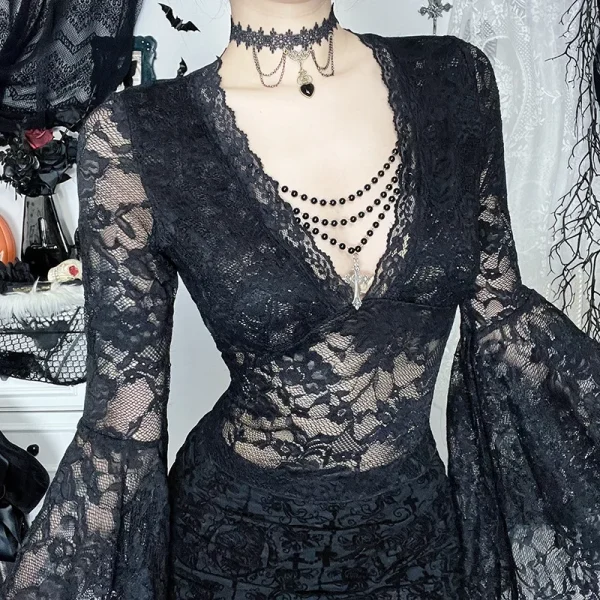 Vintage Dark Goth Lace Coquette See Through Beaded V-neck Flare Sleeve Crop Top - Image 6