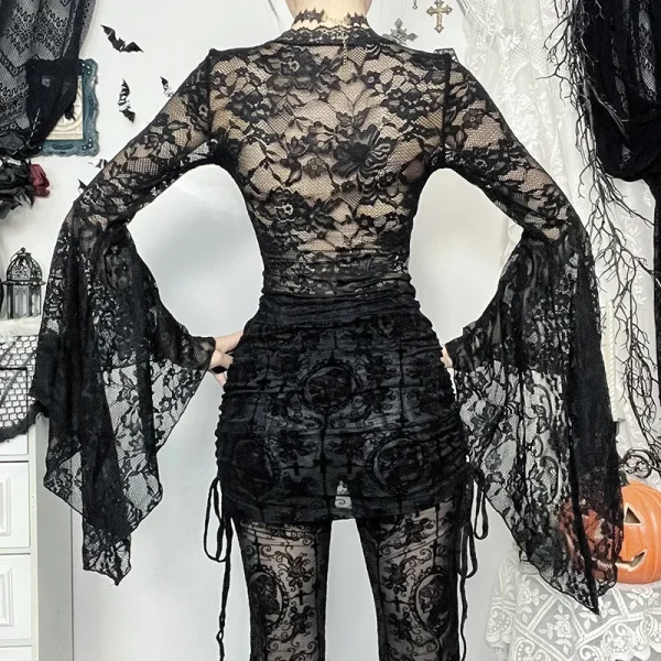Vintage Dark Goth Lace Coquette See Through Beaded V-neck Flare Sleeve Crop Top - Image 8
