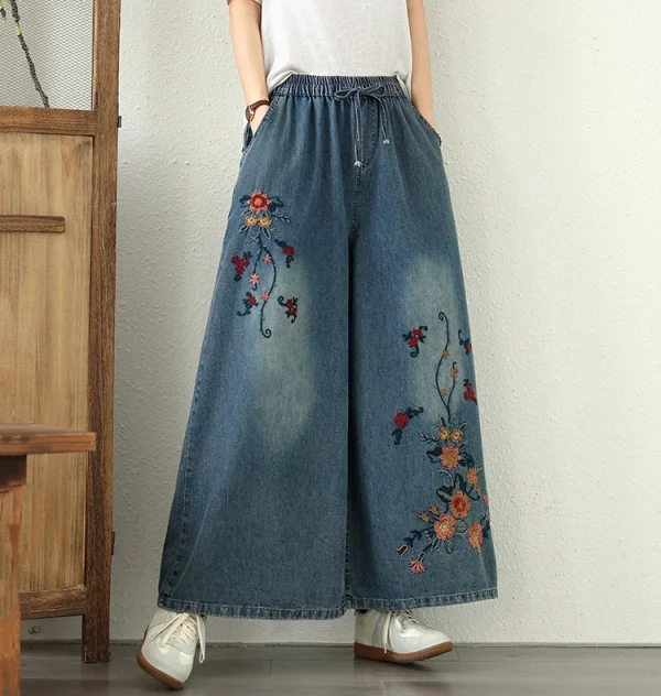 Vintage Embroidery Elastic Waist Thin Denim Wide Leg Pants