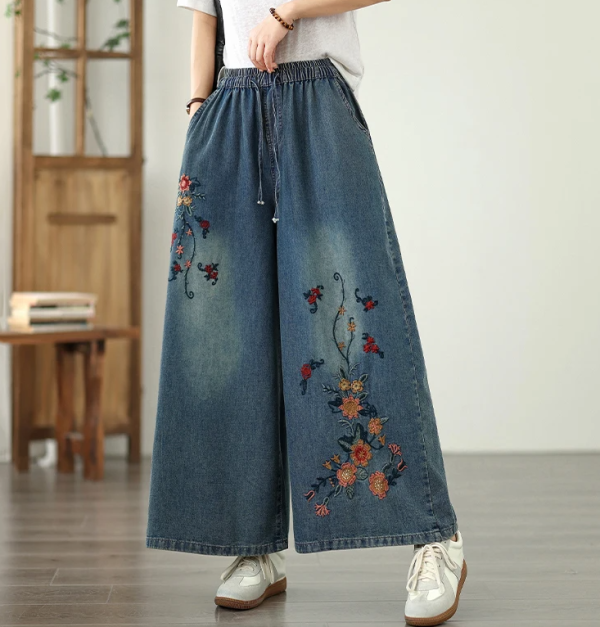 Vintage Embroidery Elastic Waist Thin Denim Wide Leg Pants - Image 3