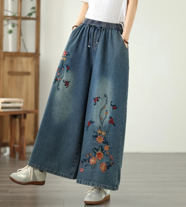 Vintage Embroidery Elastic Waist Thin Denim Wide Leg Pants - Image 4