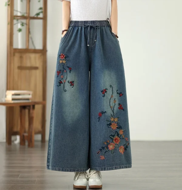 Vintage Embroidery Elastic Waist Thin Denim Wide Leg Pants - Image 5