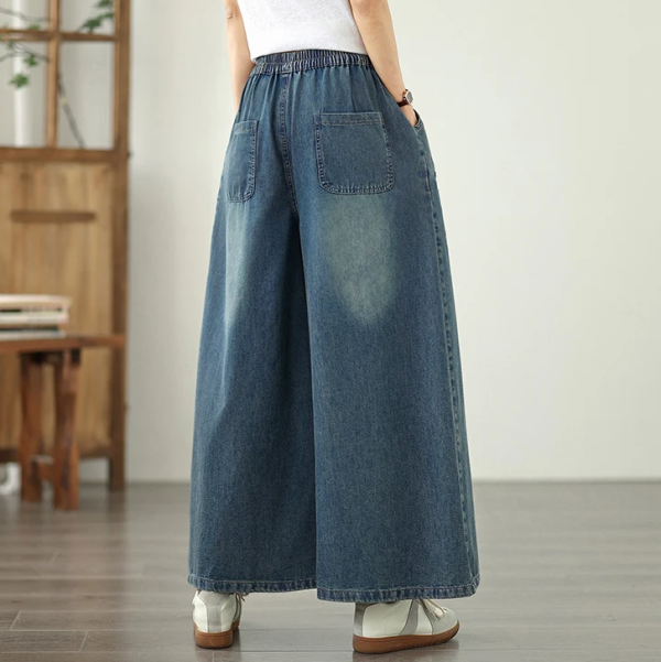Vintage Embroidery Elastic Waist Thin Denim Wide Leg Pants - Image 6