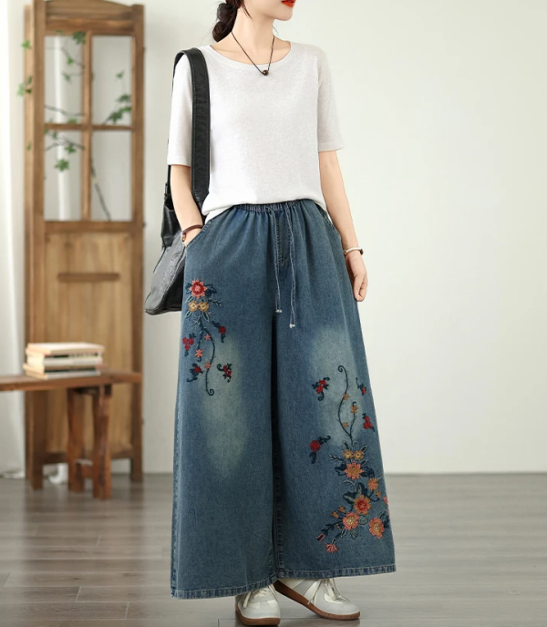 Vintage Embroidery Elastic Waist Thin Denim Wide Leg Pants - Image 2