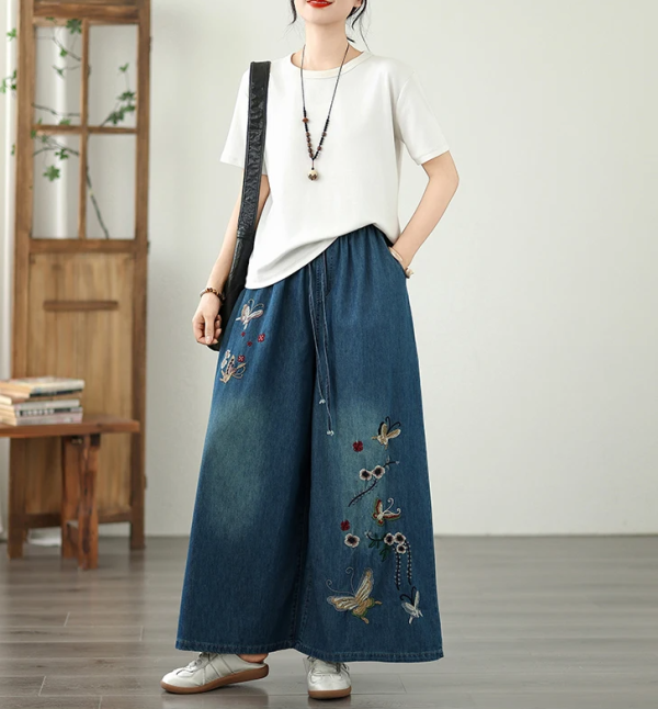Vintage Embroidery High Waist Thin Denim Ankle-Length Pants