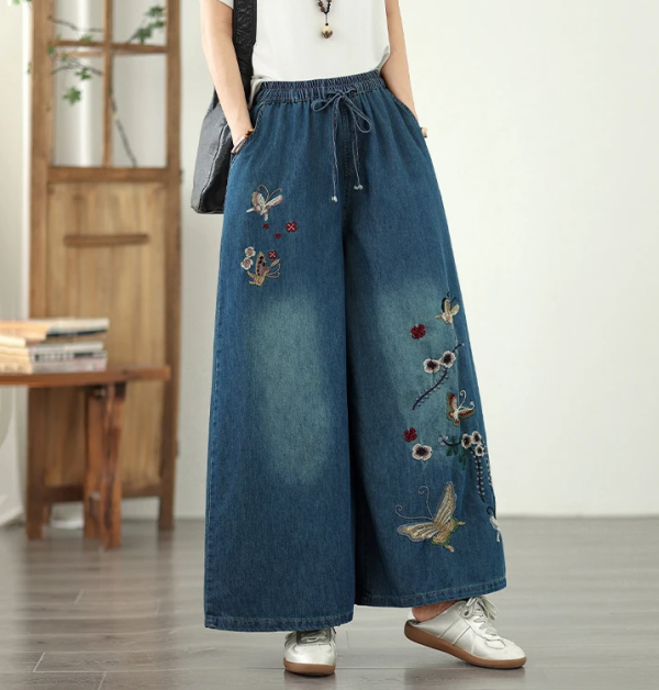 Vintage Embroidery High Waist Thin Denim Ankle-Length Pants - Image 2