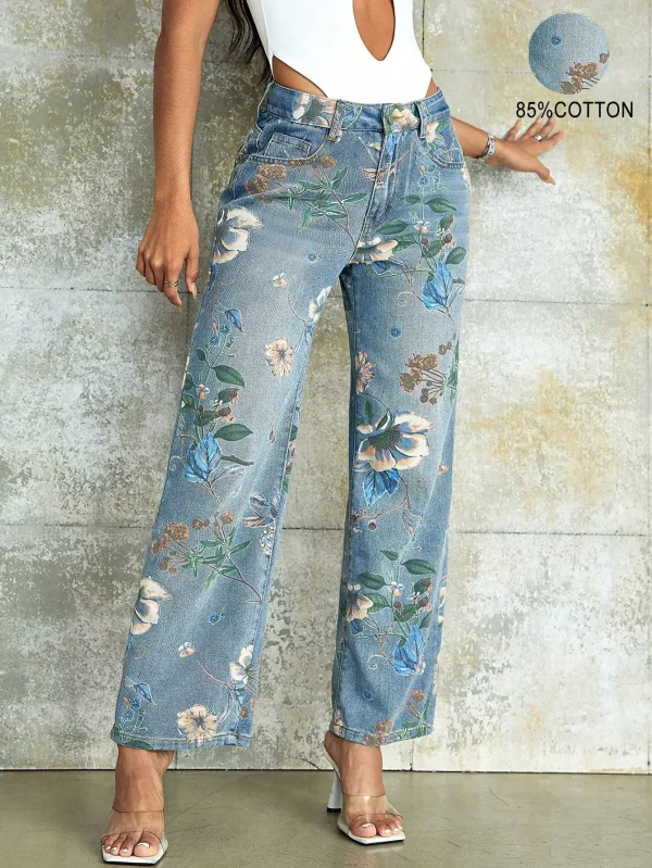 Vintage Floral Print High Waist Slant Pocket Wide Leg Jean - Image 3