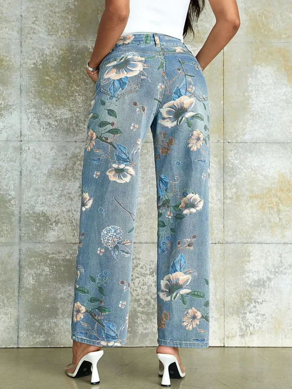 Vintage Floral Print High Waist Slant Pocket Wide Leg Jean - Image 7