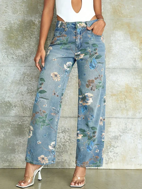 Vintage Floral Print High Waist Slant Pocket Wide Leg Jean - Image 4