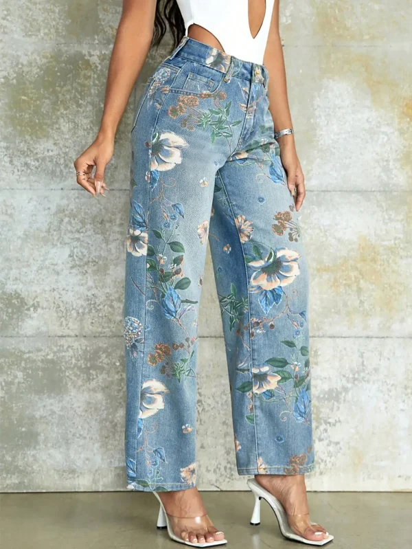 Vintage Floral Print High Waist Slant Pocket Wide Leg Jean - Image 5
