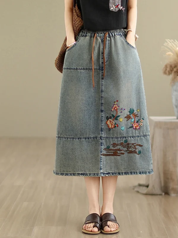 Vintage Flowers Embroidered Denim Elastic Waist Casual Retro Loose Midi Jeans Skirt