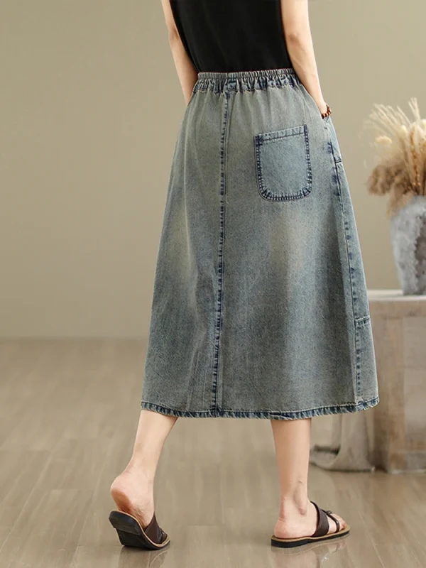 Vintage Flowers Embroidered Denim Elastic Waist Casual Retro Loose Midi Jeans Skirt - Image 4