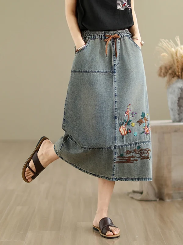 Vintage Flowers Embroidered Denim Elastic Waist Casual Retro Loose Midi Jeans Skirt - Image 2