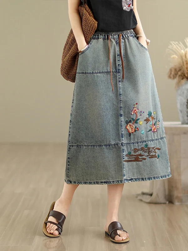Vintage Flowers Embroidered Denim Elastic Waist Casual Retro Loose Midi Jeans Skirt - Image 3
