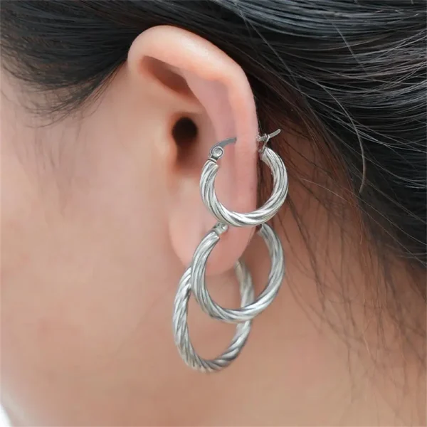 Vintage Gold Plated Stainless Steel Buckle Stackable Circle Twisted Hoop Earrings Set - Image 2