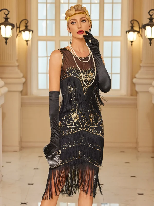 Vintage Inspired Sleeveless Elegant Flapper With Pringe Decor Lady Dress