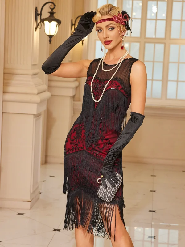 Vintage Inspired Sleeveless Elegant Flapper With Pringe Decor Lady Dress - Image 5