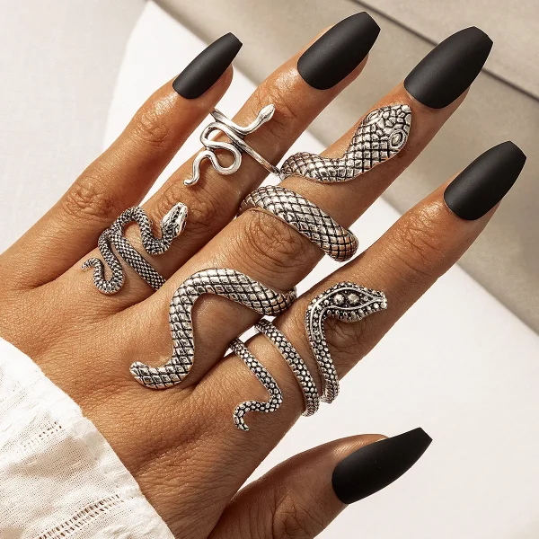 Vintage Metal Zinc Alloy Gothic Adjustable Long Snake Ring Set - Image 2
