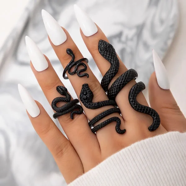 Vintage Metal Zinc Alloy Gothic Adjustable Long Snake Ring Set - Image 3