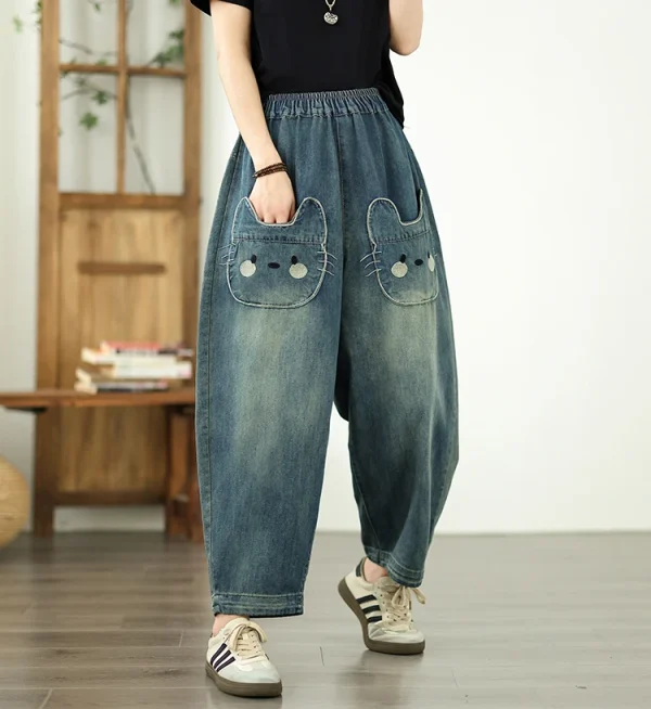 Vintage Plus Size Elastic Waist Personalized Pocket Denim Harem Pants
