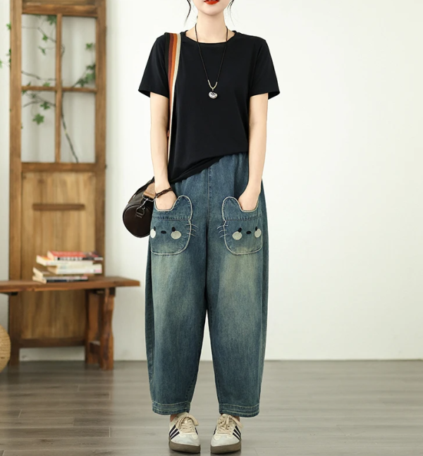 Vintage Plus Size Elastic Waist Personalized Pocket Denim Harem Pants - Image 6