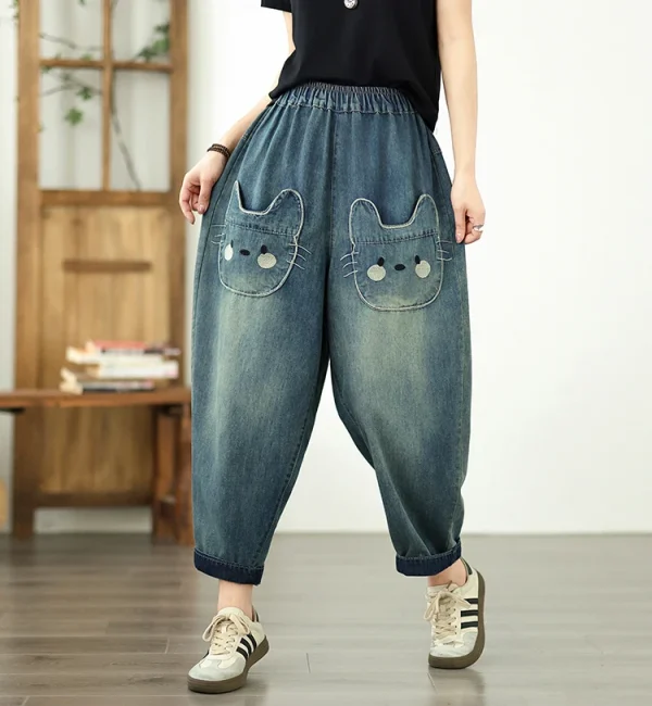 Vintage Plus Size Elastic Waist Personalized Pocket Denim Harem Pants - Image 2