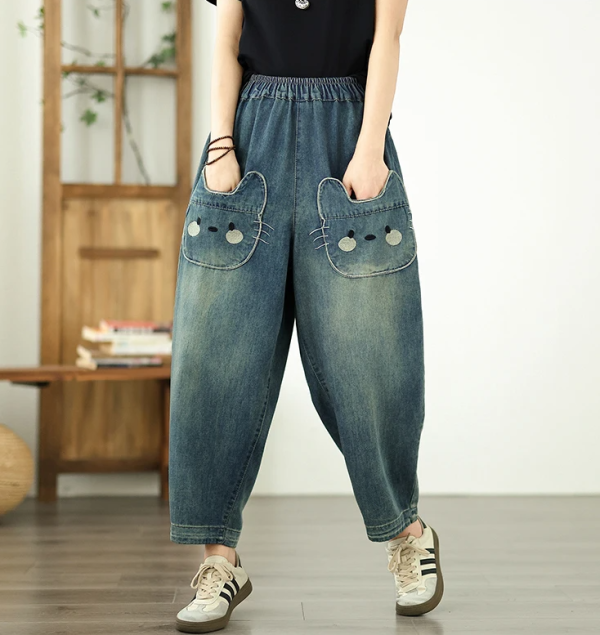 Vintage Plus Size Elastic Waist Personalized Pocket Denim Harem Pants - Image 3