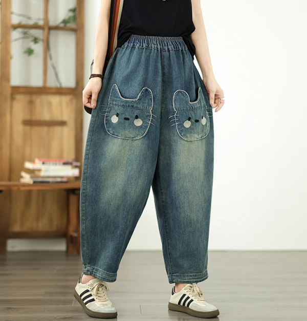 Vintage Plus Size Elastic Waist Personalized Pocket Denim Harem Pants - Image 5