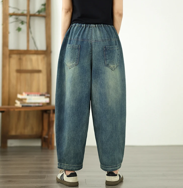 Vintage Plus Size Elastic Waist Personalized Pocket Denim Harem Pants - Image 7
