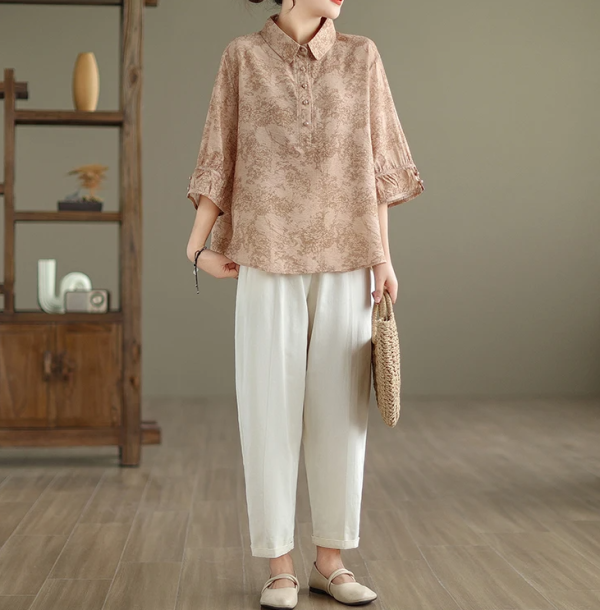 Vintage Print Casual 2 Piece Set Short Sleeve Loose T-shirt Tops Femme Harem Pants Suits - Image 13