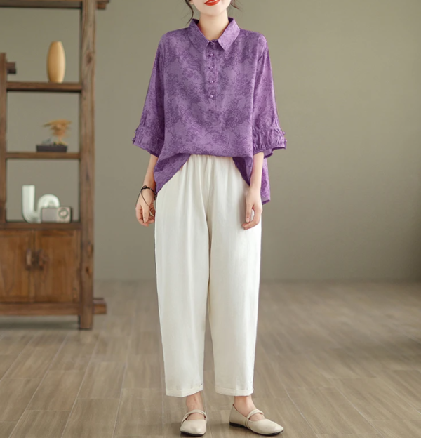 Vintage Print Casual 2 Piece Set Short Sleeve Loose T-shirt Tops Femme Harem Pants Suits - Image 3