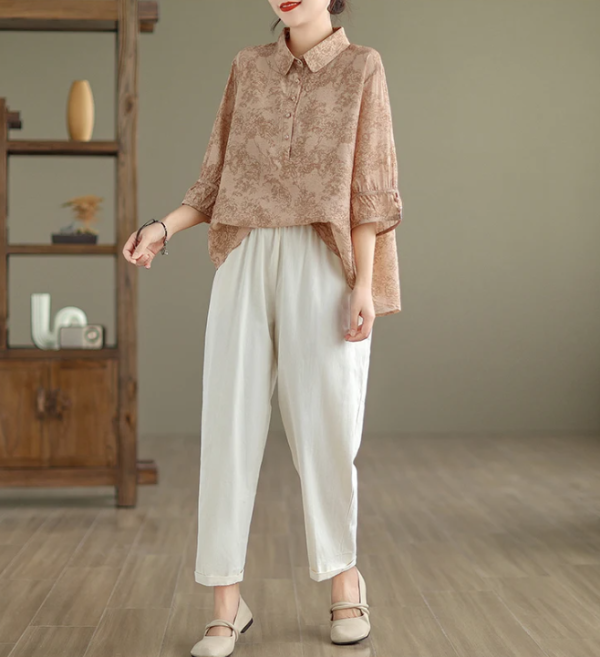 Vintage Print Casual 2 Piece Set Short Sleeve Loose T-shirt Tops Femme Harem Pants Suits - Image 12