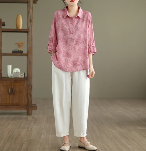 Vintage Print Casual 2 Piece Set Short Sleeve Loose T-shirt Tops Femme Harem Pants Suits - Image 11